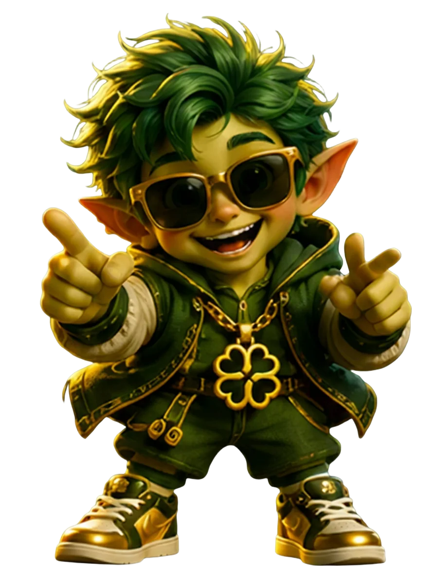 Trevão, o mascote do Trevo de Ouro, com óculos escuros e corrente de ouro