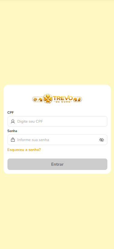 Tela de login do aplicativo Trevo de Ouro